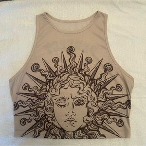 Cream & Brown Sleeveless Graphic Crop Tank